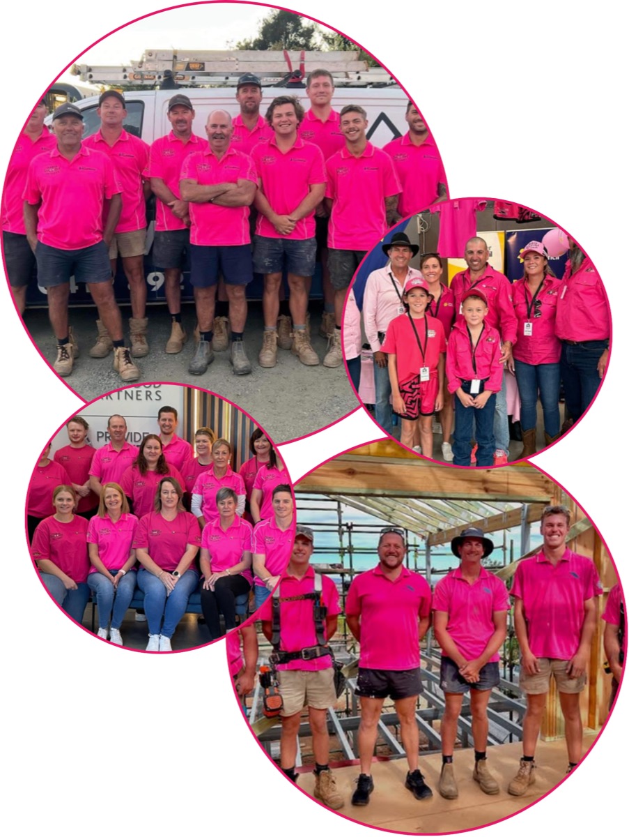 Collage of tradies wearing pink across multiple worksites